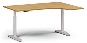 Výškovo nastaviteľný stôl OBOL, elektrický, 675-1325 mm, rohový pravý, doska 1600x1200 mm, biela zaoblená podnož, buk