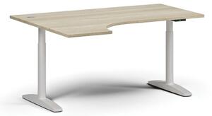 Výškovo nastaviteľný stôl OBOL, elektrický, 675-1325 mm, rohový ľavý, doska 1600x1200 mm, biela zaoblená podnož, dub prírodný