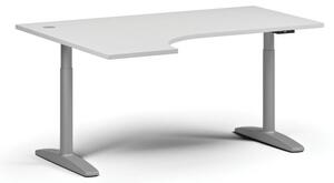 Výškovo nastaviteľný stôl OBOL, elektrický, 675-1325 mm, rohový ľavý, doska 1600x1200 mm, sivá zaoblená podnož, biela