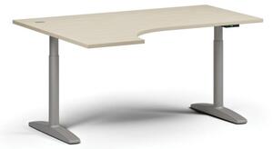 Výškovo nastaviteľný stôl OBOL, elektrický, 675-1325 mm, rohový ľavý, doska 1600x1200 mm, sivá zaoblená podnož, breza