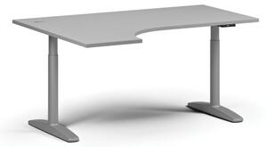 Výškovo nastaviteľný stôl OBOL, elektrický, 675-1325 mm, rohový ľavý, doska 1600x1200 mm, sivá zaoblená podnož, sivá