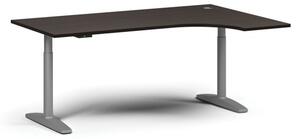Výškovo nastaviteľný stôl OBOL, elektrický, 675-1325 mm, rohový pravý, doska 1800x1200 mm, sivá zaoblená podnož, wenge