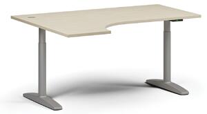 Výškovo nastaviteľný stôl OBOL, elektrický, 675-1325 mm, rohový ľavý, doska 1600x1200 mm, sivá zaoblená podnož, breza