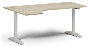 Výškovo nastaviteľný stôl OBOL, elektrický, 675-1325 mm, rohový ľavý, doska 1800x1200 mm, biela zaoblená podnož, dub prírodný
