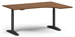 Výškovo nastaviteľný stôl OBOL, elektrický, 675-1325 mm, rohový pravý, doska 1600x1200 mm, čierna zaoblená podnož, orech