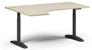 Výškovo nastaviteľný stôl OBOL, elektrický, 675-1325 mm, rohový ľavý, doska 1600x1200 mm, čierna zaoblená podnož, orech