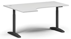 Výškovo nastaviteľný stôl OBOL, elektrický, 675-1325 mm, rohový ľavý, doska 1600x1200 mm, čierna zaoblená podnož, biela