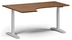 Výškovo nastaviteľný stôl, elektrický, 675-1325 mm, rohový ľavý, doska 1600x1200 mm, biela podnož, orech