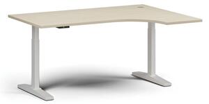 Výškovo nastaviteľný stôl, elektrický, 675-1325 mm, rohový pravý, doska 1600x1200 mm, biela podnož, breza