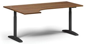 Výškovo nastaviteľný stôl OBOL, elektrický, 675-1325 mm, rohový ľavý, doska 1800x1200 mm, čierna zaoblená podnož, orech