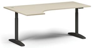 Výškovo nastaviteľný stôl OBOL, elektrický, 675-1325 mm, rohový ľavý, doska 1800x1200 mm, čierna zaoblená podnož, breza