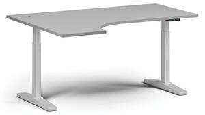 Výškovo nastaviteľný stôl, elektrický, 675-1325 mm, rohový ľavý, doska 1600x1200 mm, biela podnož, sivá