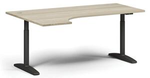 Výškovo nastaviteľný stôl OBOL, elektrický, 675-1325 mm, rohový ľavý, doska 1800x1200 mm, čierna zaoblená podnož, dub prírodný