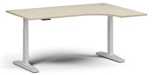 Výškovo nastaviteľný stôl, elektrický, 675-1325 mm, rohový pravý, doska 1600x1200 mm, biela podnož, dub prírodný
