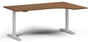 Výškovo nastaviteľný stôl, elektrický, 675-1325 mm, rohový pravý, doska 1800x1200 mm, biela podnož, orech