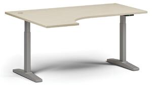 Výškovo nastaviteľný stôl, elektrický, 675-1325 mm, rohový ľavý, doska 1600x1200 mm, sivá podnož, orech