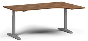Výškovo nastaviteľný stôl, elektrický, 675-1325 mm, rohový pravý, doska 1800x1200 mm, sivá podnož, orech