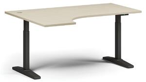 Výškovo nastaviteľný stôl, elektrický, 675-1325 mm, rohový ľavý, doska 1600x1200 mm, čierna podnož, dub prírodný