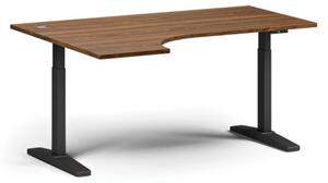 Výškovo nastaviteľný stôl, elektrický, 675-1325 mm, rohový ľavý, doska 1600x1200 mm, čierna podnož, orech