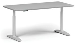Výškovo nastaviteľný stôl OBOL, elektrický, 675-1325 mm, zaoblené rohy, doska 1600x800 mm, biela zaoblená podnož, sivá