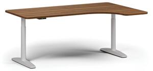 Výškovo nastaviteľný stôl OBOL, elektrický, 675-1325 mm, ľavý/pravý, doska 1800x1200 mm, biela podnož, orech