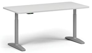 Výškovo nastaviteľný stôl OBOL, elektrický, 675-1325 mm, zaoblené rohy, doska 1600x800 mm, sivá podnož, biela