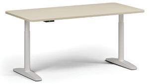 Výškovo nastaviteľný stôl OBOL, elektrický, 675-1325 mm, zaoblené rohy, doska 1600x800 mm, biela zaoblená podnož, breza