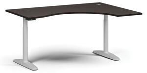 Výškovo nastaviteľný stôl OBOL, elektrický, 675-1325 mm, ergonomický pravý, doska 1600x1200 mm, biela podnož, wenge