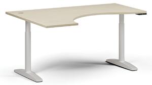 Výškovo nastaviteľný stôl OBOL, elektrický, 675-1325 mm, ergonomický ľavý, doska 1600x1200 mm, biela zaoblená podnož, breza