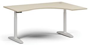 Výškovo nastaviteľný stôl OBOL, elektrický, 675-1325 mm, ergonomický pravý, doska 1600x1200 mm, biela zaoblená podnož, wenge