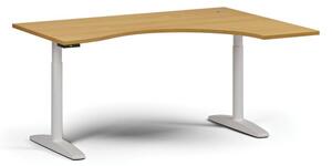 Výškovo nastaviteľný stôl OBOL, elektrický, 675-1325 mm, ergonomický pravý, doska 1600x1200 mm, biela zaoblená podnož, buk