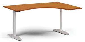 Výškovo nastaviteľný stôl OBOL, elektrický, 675-1325 mm, ergonomický pravý, doska 1600x1200 mm, biela zaoblená podnož, čerešňa