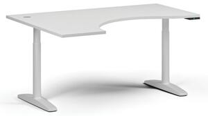 Výškovo nastaviteľný stôl OBOL, elektrický, 675-1325 mm, ergonomický ľavý, doska 1600x1200 mm, biela zaoblená podnož, biela