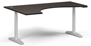 Výškovo nastaviteľný stôl OBOL, elektrický, 675-1325 mm, ergonomický ľavý, doska 1800x1200 mm, biela zaoblená podnož, wenge