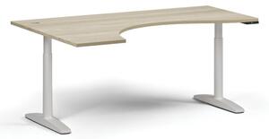 Výškovo nastaviteľný stôl OBOL, elektrický, 675-1325 mm, ergonomický ľavý, doska 1800x1200 mm, biela zaoblená podnož, dub prírodný