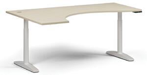 Výškovo nastaviteľný stôl OBOL, elektrický, 675-1325 mm, ergonomický ľavý, doska 1800x1200 mm, biela zaoblená podnož, breza