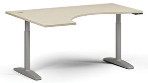 Výškovo nastaviteľný stôl OBOL, elektrický, 675-1325 mm, ergonomický ľavý, doska 1600x1200 mm, sivá zaoblená podnož, orech