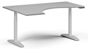 Výškovo nastaviteľný stôl OBOL, elektrický, 675-1325 mm, ergonomický ľavý, doska 1600x1200 mm, biela podnož, sivá