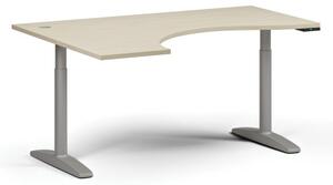 Výškovo nastaviteľný stôl OBOL, elektrický, 675-1325 mm, ergonomický ľavý, doska 1600x1200 mm, sivá zaoblená podnož, breza
