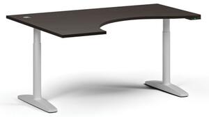 Výškovo nastaviteľný stôl OBOL, elektrický, 675-1325 mm, ergonomický ľavý, doska 1600x1200 mm, biela zaoblená podnož, wenge