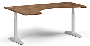 Výškovo nastaviteľný stôl OBOL, elektrický, 675-1325 mm, ergonomický ľavý, doska 1800x1200 mm, biela zaoblená podnož, orech
