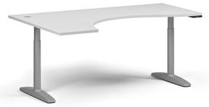 Výškovo nastaviteľný stôl OBOL, elektrický, 675-1325 mm, ergonomický ľavý, doska 1800x1200 mm, sivá zaoblená podnož, biela