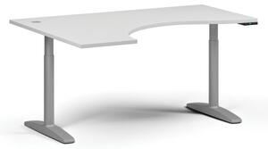 Výškovo nastaviteľný stôl OBOL, elektrický, 675-1325 mm, ergonomický ľavý, doska 1600x1200 mm, sivá zaoblená podnož, biela