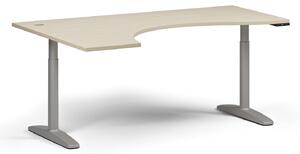 Výškovo nastaviteľný stôl OBOL, elektrický, 675-1325 mm, ergonomický ľavý, doska 1800x1200 mm, sivá zaoblená podnož, orech