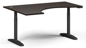 Výškovo nastaviteľný stôl OBOL, elektrický, 675-1325 mm, ergonomický ľavý, doska 1600x1200 mm, čierna zaoblená podnož, wenge