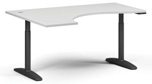 Výškovo nastaviteľný stôl OBOL, elektrický, 675-1325 mm, ergonomický ľavý, doska 1600x1200 mm, čierna zaoblená podnož, biela