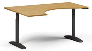 Výškovo nastaviteľný stôl OBOL, elektrický, 675-1325 mm, ergonomický ľavý, doska 1600x1200 mm, čierna zaoblená podnož, buk