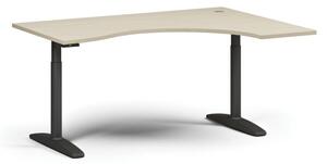 Výškovo nastaviteľný stôl OBOL, elektrický, 675-1325 mm, ergonomický pravý, doska 1600x1200 mm, čierna zaoblená podnož, breza