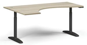 Výškovo nastaviteľný stôl OBOL, elektrický, 675-1325 mm, ergonomický ľavý, doska 1800x1200 mm, čierna zaoblená podnož, dub prírodný
