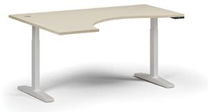 Výškovo nastaviteľný stôl, elektrický, 675-1325 mm, ergonomický ľavý, doska 1600x1200 mm, biela podnož, orech